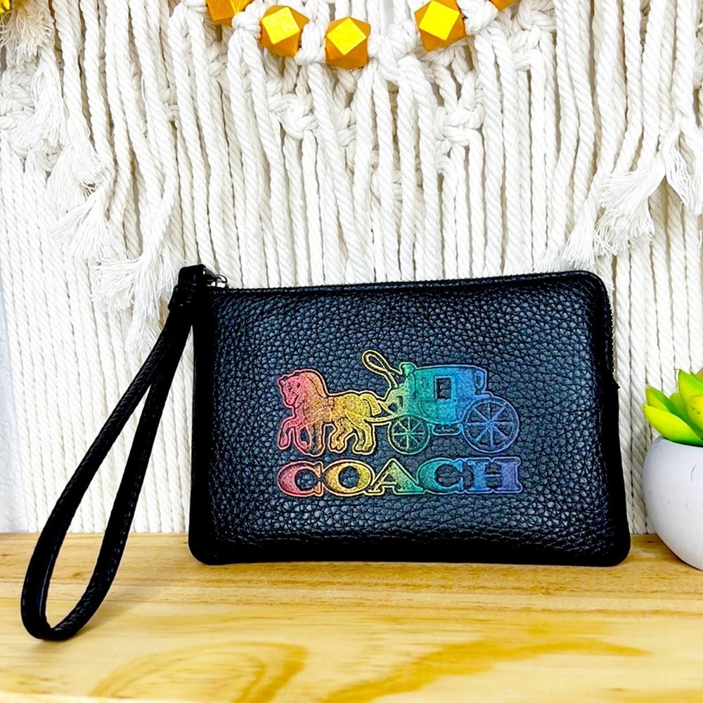 COACH l Rainbow Black Leather Horse & Carriage Wristlet NEW!